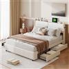 KeepGoon Letto matrimoniale 160 x 200 cm, letto imbottito, testiera con USB, letto per cassetti, in pelle PU bianca, 4 cassetti laterali, con rete a doghe