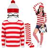 Feeziloe Set costume da donna Where's Wally, cappello a cilindro, occhiali, calzini, top rosso e bianco, costume fresco per la Giornata mondiale del libro (L)