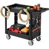 VEVOR Carrello di Servizio Portata 250kg 2 Ripiani Ruote Girevoli con Freno, Carrello Officina, Ruote Fisse con Freno, Struttura in Plastica Resistente con Vassoio e Pannello Forato, per Magazzino