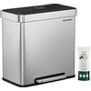 SONGMICS Pattumiera da cucina, 2 x 30 l, in acciaio inox, a pedale, con 15 sacchetti per raccolta differenziata e rifiuti, con secchio interno in plastica, coperchio, chiusura morbida, 58 x 31,5 x 59