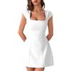 CPIDAH Abito Laurea Donna Tinta Unita, Vestito Mini con Scollo Squadrato E Maniche Corte, Gonna Ampia Canottiera Elegante per Cerimonia Fine Anno Bianco L