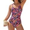 Nadeer Costume Intero Donna Contenitivo Pancia Curvy Costumi da Bagno con Scollo Incrociato e Metallo Modellante Swimsuit per Mare Piscina(Rosso-Fiorito,XL)
