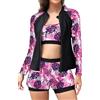 SHEKINI Costume da bagno da donna con cerniera a 3 pezzi Rash Guard con canotta bikini top per vita alta, Foglie nere, S