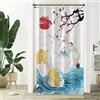 Xiaoterna Tenda da doccia con dipinti tradizionali cinesi a inchiostro Oceano giapponese Monte Fuji Tenda da bagno Fiori di ciliegio Paesaggio naturale Decorazione da bagno 120x200cm