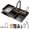 HZKSINNK Lavello da cucina 90 x 50 cm, con due cascate, 1 vasca, nero, multifunzionale, in acciaio inox, lavello da bar con nano-rivestimento, con rubinetti estraibili, lavabicchieri e cestelli di