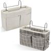 Xinxinphi 2 Pcs Borsa Comodino con Gancio, Tasche Portaoggetti Letto Appendibile per Riviste Telecomandi Libri, Organizer Sospesa per Casa, Ufficio, Scuola, Dormitorio, Letti Castello(Griglia Bianca + Grigia)