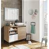 Muebles Pitarch | Mobile da bagno industriale con struttura a piedi, 2 ripiani, cassetto e porta, Bianco, Rovere Gold e Nero, per lavabo da appoggio, 100cm, stile Moderno, modello Tamesis