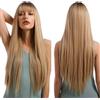 EMMOR Parrucca lunga bionda per donna - Parrucca sintetica naturale Ombre Capelli lisci Radice scura Parte centrale Parrucche, Cosplay per feste Uso quotidiano (2 pezzi Cappuccio parrucca 0)