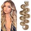 SEGO Extension Adesive Capelli Veri Biadesivo 20 Ciocche Biadesive Tape Remy Human Hair Naturali Mossi Ricci 50g (60cm, #12P613 Marrone Oro balayage Biondo Chiarissimo)