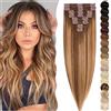 SEGO Extension Clip Capelli Veri 8 Fasce Singole - 100% Remy Human Hair Lisci Lunghi Parrucca Donna 35 cm (60 g) #4T4P27 Balayage Marrone Medio mix Biondo Scuro