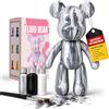 Generisch Kit per decorazione domestica fai da te, con statuetta a forma di orsetto bianco da pitturare, incl. 3 pitture liquide, pennello, tovaglia, grembiule (argento)