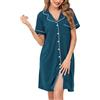 Wikoan Camicie da Notte Classiche da Donna con Scollo a V e Morbido Abito Lungo Abbottonato con Tasche,Blu-Vede,S