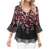 Vafoly Camicetta da donna elegante, casual, con arricciature, a 3/4 maniche, scollo a V, in chiffon floreale, Fiori neri, L