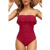 Holipick, Costume da bagno da donna intero, senza spalline, a fascia, per il controllo della pancia, con volant, snellente, Rosso, M