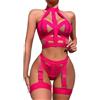 Aranmei Set di Lingerie Sexy da Donna, 4 Pezzi, con Scollo all'Americana, Reggiseno Traforato con Reggicalze e Slip con Polsini per Le Cosce, Rosso Rosa L