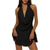 FENXIXIONE Mini Abito da Notte da Festa Sexy in Chiffon Aperto sul Retro con Scollo a V Profondo *****rlo a Volant da Donna (Nero,S)