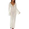 Faretumiya Abito Lungo da Donna in Maglia, a Maniche Lunghe, all'Uncinetto, Maxi Abito Aderente con Schiena Scoperta, Copricostume da Spiaggia, Annuncio Bianco Vneck, S