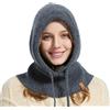 ACUSHLA Passamontagna in 100% lana merino, per donne e uomini, invernale, caldo, con cappuccio, sciarpa, cappello e sciarpa, set in uno, grigio scuro, Taglia unica