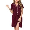 Wikoan Camicie da Notte Classiche da Donna con Scollo a V e Morbido Abito Lungo Abbottonato con Tasche,Borgogna,M