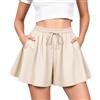 LEACOOLKEY Pantaloncini Donna Estivi Casual con Volant Shorts Estivi da Donna a Vita Alta Elastici Gamba Larga con Coulisse Shorts Shorts da Spiaggia Eleganti Gonna Pantalone,Beige,XXL