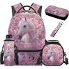 SEANATIVE Zaino per bambini, set da 5 pezzi con borsa termica per il pranzo, Cavallo rosa in fiore di cilie, Zainetto