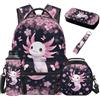 SEANATIVE Zaino per bambini, set da 5 pezzi con borsa termica per il pranzo, Axolotl Nero Rosa Ciliegia, Zainetto