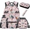 SEANATIVE Zaino per bambini, set da 5 pezzi con borsa termica per il pranzo, Cavallo floreale rosa, Zainetto