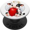 Cartoon Cow Angel Strawberry Farm Simpatica mucca contadina con fragole e aureola PopSockets PopGrip Adesivo
