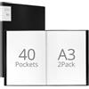 QWORK® 2 Pezzi Portalistino A3 a 40 Tasche Trasparenti, 80 Viste, Nero