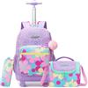 HTgroce Zaino Trolley Scuola Elementare Bambina Fiore- Set 3 in 1 con Borsa e Astuccio - Zainetto con Ruote per Scuola e Viaggio
