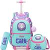 HTgroce Zaino Trolley Scuola Elementare Bambina Gatto- Set 3 in 1 con Borsa e Astuccio - Zainetto con Ruote per Scuola e Viaggio