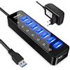 Atolla Hub USB 3.0 7 Porte alimentato Multi Porta USB + 1 Porto ricarica intelligente con Tasti di Accensione/Spegnimento e LED illuminata e adattatore di alimentazione(nero)