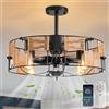 Ganeed Ventilatori da soffitto con luci stile industriale Fattoria 49cm Lampadari Boho Rattan Gabbia Lampada Sospesa E27 con Telecomando Nero 4 Luci