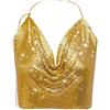 PRINCESS BRIDE Canottiera sexy da discoteca con paillettes metallizzate glitterate e strass Halter Vest Backless Crop Deep V Canotte Top a catena, Oro 1, L