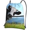 YYHHAOFA Zaino con cerniera e coulisse con stampa di mucche, leggero, impermeabile, con tasca frontale, per viaggi, sport e yoga
