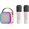 aqxreight Mini Macchina per Karaoke Altoparlante Microfono Wireless Effetti di Luce Portatile Batteria Festa a Casa (Bianco con 2 microfoni)