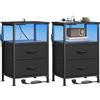 SONGMICS Comodini Camera da Letto, Acciaio e Legno, con Stazione di Ricarica e Luci LED, 2 Cassetti e Vano a Giorno, Set di 2, 39,6 x 30 x 60,4 cm, Nero, Collezione Bellah LGS202B102