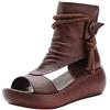 CRETUAO Sandali Alti in Pelle Donna, Piattaforma Estiva Stivali Casual Punta Aperta con Bocca Pesce Vintage, Sandali con Zeppa grossi Scarpe comode Spiaggia Stile Romano Donna,Marrone,37.5 EU