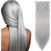 SEGO Extension Clip Capelli Lisci Grigi Lunghi 8 Fasce Sintetiche con 18 Clips in Extensions 65cm Full Head 140g - Grigio Argento