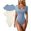 OQQ Bodysuit per Donna 2 Pezzi Maniche Corte Casual Tuta Body Elastico Basic Collo Quadrato Body Blu Beige