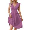 Generisch Vestito midi da donna, tinta unita, con scollo a V, maniche corte e frange, sciancrato e leggero, elegante abito estivo lungo al ginocchio, sottile, alla moda per le vacanze, Lilla, S