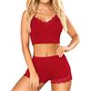 RSLOVE Set di Pigiama Donna in Pizzo Camisole con Scollo a V e Senza Maniche PJ Set da Notte Rosso XL