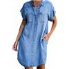 Generic Camicia estiva lunga in denim da donna, abito midi a maniche corte, casual, jeans con bottoni, abiti a trapezio oversize slim fit, lunghezza al ginocchio, con tasche, vestibilità larga, tunica top