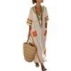 Generico Abito Donna Estivo Lungo Kaftano Elegante in Lino, Vestito Maxi Boho Chic con Scollo a V e Tasche, Abbigliamento Mare Spiaggia e Vacanza, Taglio Morbido Oversize Traspirante e Comodo