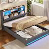 AOGLLATI Letto Contenitore Matrimoniale 140x200 con Sollevamento Idraulico | Struttura Letto Matrimoniale con Illuminazione a LED e Stazione di Ricarica, Letto Imbottito con Tasche Laterali Lino Grigio