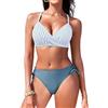 FemiChic Costume Donna Due Pezzi Push Up Scollo a V Bikini Donna Mare Cinturini A Spalla Incrociata Bikini Pezzo sopra Perizoma con Coulisse Laterale(Strisce Blu,L)