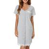 heekpek Camicia da Notte Donna Cotone con Bottoni Estiva Scollo a V Elegante Camicia Premaman Manica Corta Sciolto Pigiama Vestito con Orlo in Pizzo, Grigio Rigato, L