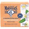 Le Petit Marseillais Sapone extra dolce fiore d'arancio, 4 pani da 100 g | Sapone solido multiuso mani e corpo con 98% ingredienti di origine naturale, imballaggio in carta riciclabile
