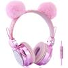 FLOKYU Cuffie per bambini per ragazze con microfono, spina da 3,5 mm con orecchie da orso scintillanti, simpatiche cuffie cablate per regalo, scuola (rosa)