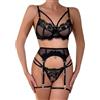 EVELIFE Set di lingerie da donna con reggicalze 4 pezzi sexy reggiseno in pizzo e mutandine set con giarrettiera cosce giarrettiera a vita alta reggicalze biancheria intima senza calze, Nero , S